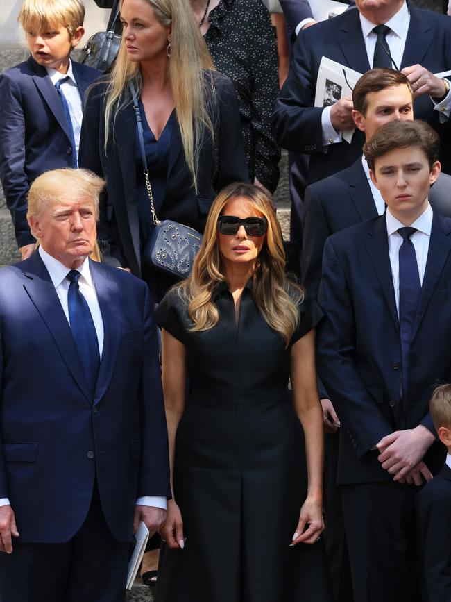 Donald, Melania and Barron Trump at his former wife Ivanka Trump’s funeral. Picture: Getty Images.