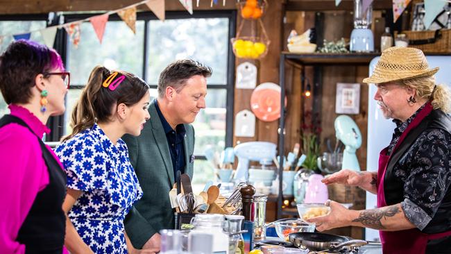 Gavin Turner on series 6 of The Great Australian Bake Off, with judges Darren Purchese and Rachel Khoo, and host Cal Wilson.
