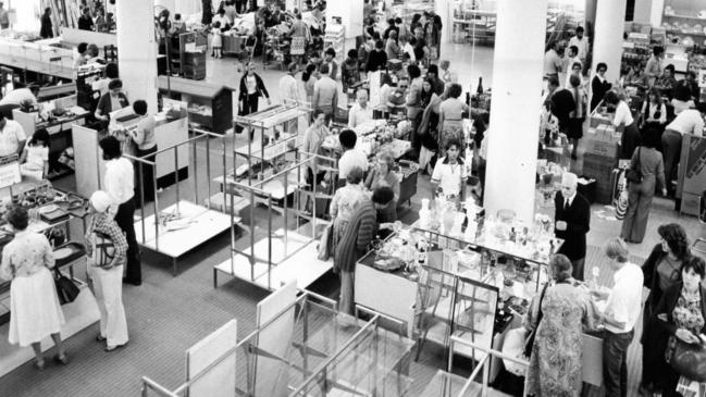 The last of the bargain-hunters clearing up the few remaining items in the Moore's closing down sale in December 1979.