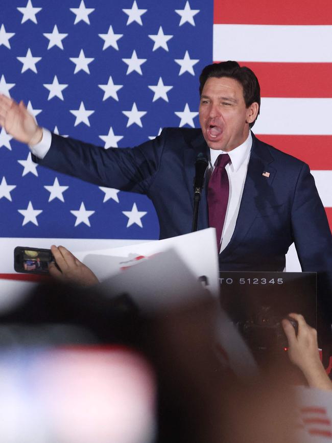 Republican presidential candidate Florida Gov. Ron DeSantis speaks at his caucus night event on January 15, 2024 in West Des Moines, Iowa. Picture: Getty Images