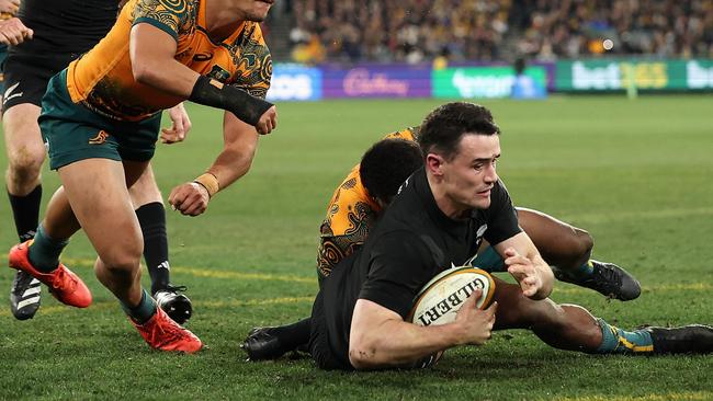 Will Jordan of the All Blacks scores a try (Photo by Cameron Spencer/Getty Images)