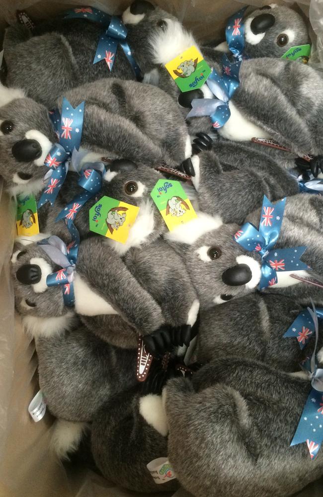 Chinese made plush koalas newly arrived in a box from Shanghai before being retagged Australian Made. Picture: GJ