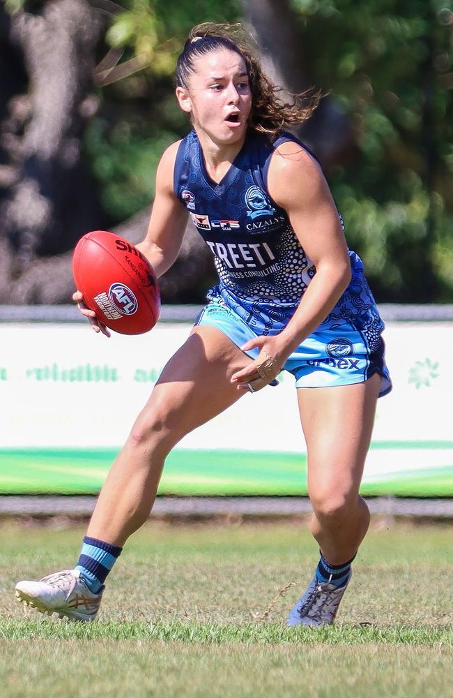 Dom Carbone (pictured above during a match in 2021) has been a standout for Darwin Buffettes since returning from the VFLW. Picture: Celina Whan / AFLNT Media