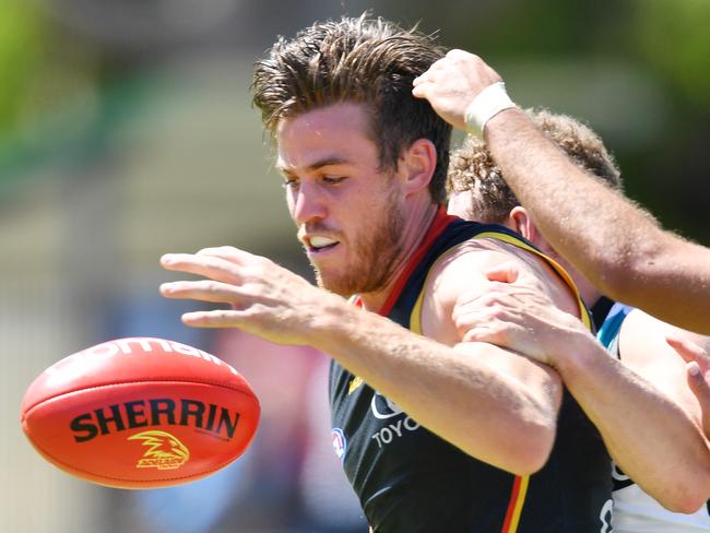 Paul Seedsman of the Crows during an AFL pre-season hit out match between the Adelaide Crows and the Port Adelaide Power at Thebarton Oval in Adelaide, Saturday, February 29, 2020. (AAP Image/David Mariuz) NO ARCHIVING, EDITORIAL USE ONLY