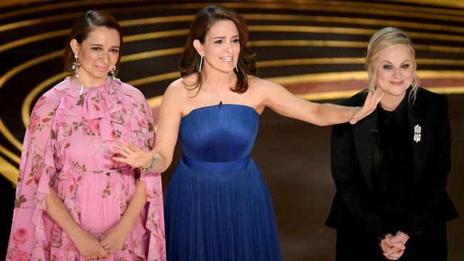 Maya Rudolph, Tina Fey, and Amy Poehler speak onstage during the 91st Annual Academy Awards. Picture: Getty Images