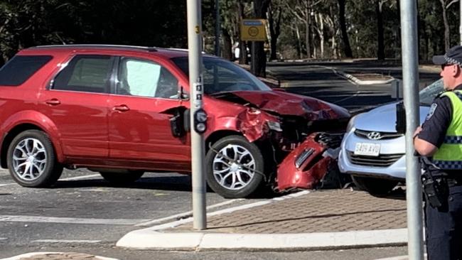 A red Ford Territory station wagon involved in a fatal car crash at Golden Grove, Adelaide, 28 February 2024. Picture: George Yankovich