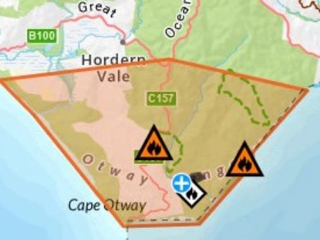 The bushfire broke out about 2.20am at Blanket Bay Rd and Red Hill Track in Cape Otway on Wednesday. Picture: Victoria Emergency.