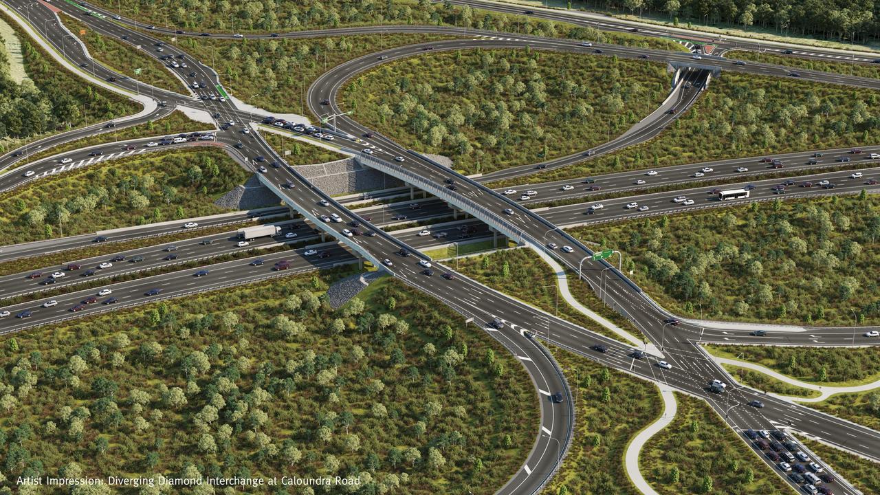 Artist impression of the Diverging Diamond interchange at Caloundra Rd.