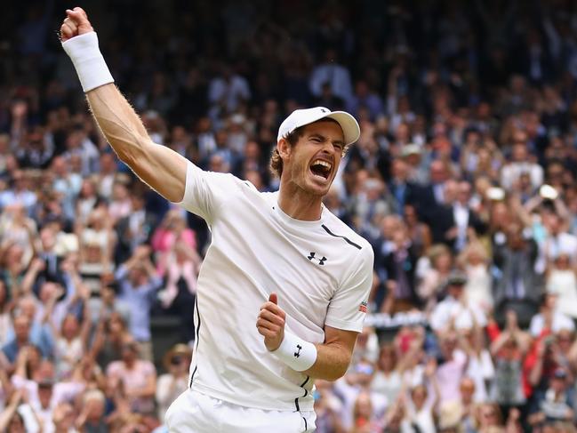 LONDON, ENGLAND - JULY 10:  Andy Murray of Great Britain celebrates at championship point during the Men's Singles Final against Milos Raonic of Canada on day thirteen of the Wimbledon Lawn Tennis Championships at the All England Lawn Tennis and Croquet Club on July 10, 2016 in London, England.  (Photo by Julian Finney/Getty Images)