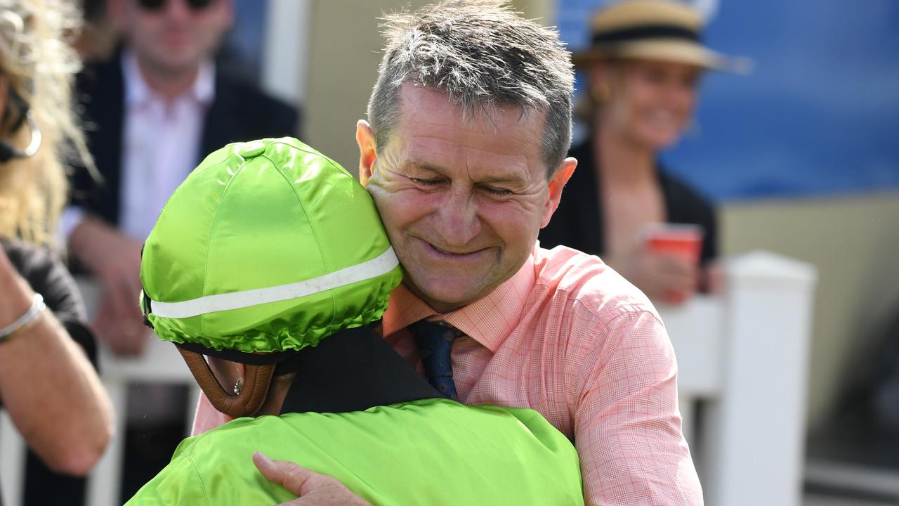 Dan O'Sullivan hugs Jaylah Kenedy after the win. Picture: Brett Holburt/Racing Photos via Getty Images