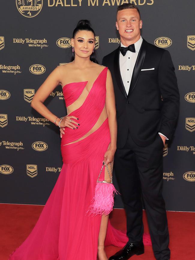 The wife of Jack Wighton had worn a daring hot pink gown with sheer slashes that flashed the flesh. Picture: Mark Evans/Getty Images