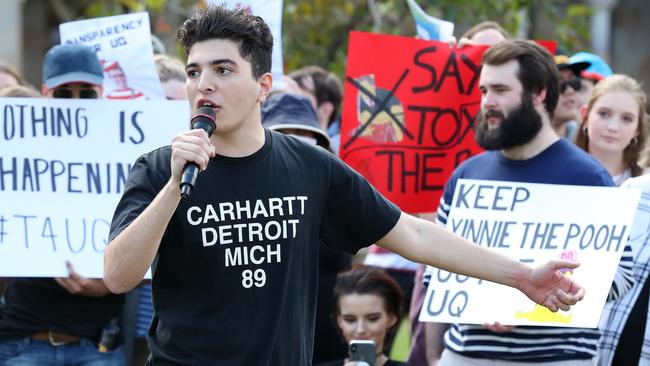 University of Queensland student Drew Pavlou with students protesting against the uni's China-aligned Confucius Institute. Picture: Liam Kidston