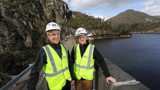 Australian Renewable Energy Agency CEO Ivor Frischknecht, left, and Hydro Tasmania CEO Steve Davy at the Cethana Power Station last September. Picture: CHRIS KIDD