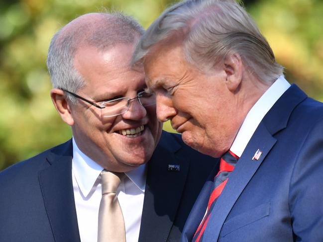 *This picture has been selected as one of the Best of the Year News images for 2019* United States President Donald Trump and Australia's Prime Minister Scott Morrison at a ceremonial welcome on the south lawn of the White House in Washington DC, United States, Friday, September 20, 2019. (AAP Image/Mick Tsikas) NO ARCHIVING