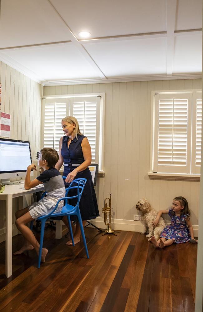 Kate Jones at home with children Grace and Thomas, and dog Alfie. Picture: Mark Cranitch