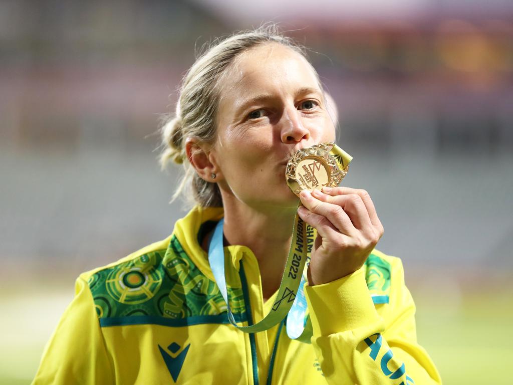 Australia’s Meg Lanning celebrates after being presented with the Commonwealth Games gold medal in 2022. Picture: Getty Images