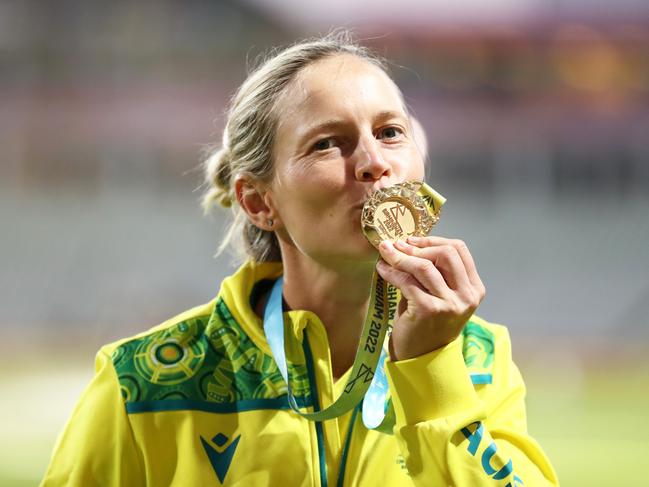 Australia’s Meg Lanning celebrates after being presented with the Commonwealth Games gold medal in 2022. Picture: Getty Images