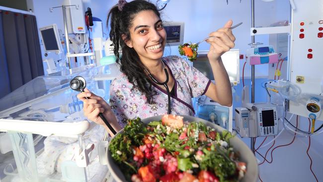 Monash Children’s Hospital NICU nurse Mariah D’Cunha regularly works nightshift and works hard to stay healthy. Picture: Alex Coppel