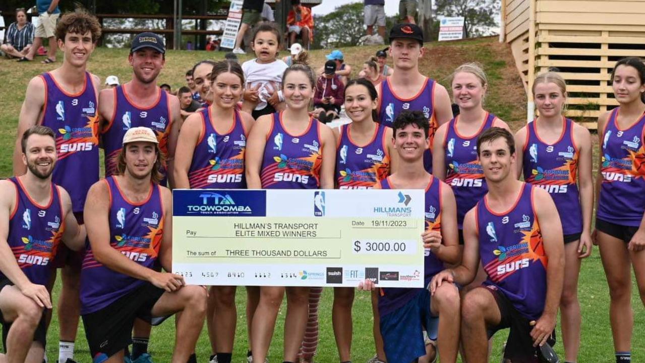 Suns players celebrate taking out the inaugural Toowoomba Elite Touch competition.