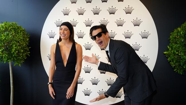 Rebecca Harding and partner Andy Lee are seen at the Crown Marquee during Derby Day at Flemington on Saturday, 2 November 2024. Photo by Luis Enrique Ascui/The Australian.