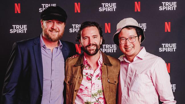 Ben Knibb, Bryn Morrow and Davi Soesilo at the True Spirit Netflix global premiere at Brisbane Powerhouse. Picture: Adam Shaw