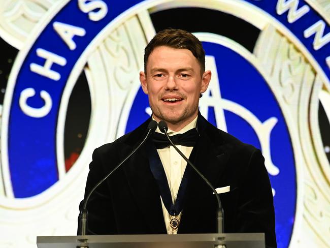 BRISBANE, AUSTRALIA - SEPTEMBER 25: Lachie Neale of the Lions gives a speech after being awarded with the Brownlow Medal during the 2023 Brownlow Medal at The Gabba on September 25, 2023 in Brisbane, Australia. (Photo by Albert Perez/AFL Photos via Getty Images)