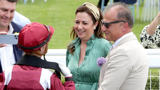 Annastacia Palaszczuk with partner Reza Adib at the Melbourne Cup day at Brisbane Spring Racing Carnival, Eagle Farm, last year. Picture: Steve Pohlner