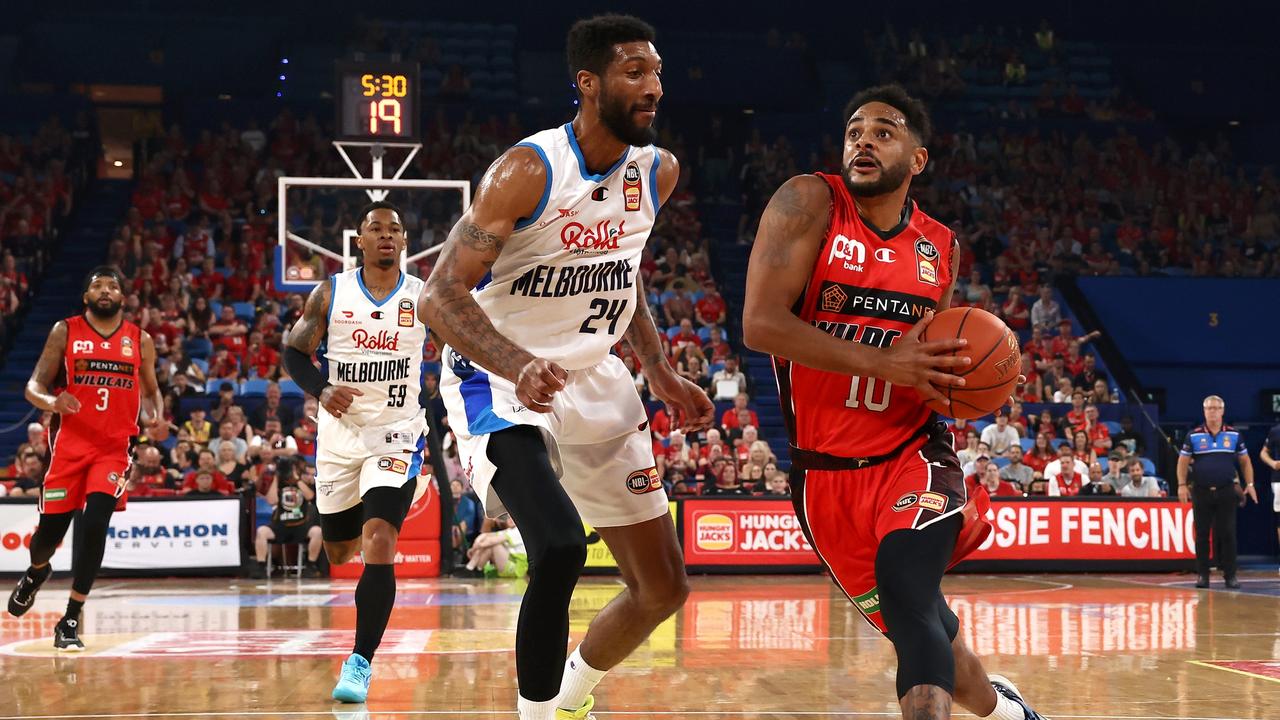 PERTH, AUSTRALIA - DECEMBER 12: Corey Webster of the Wildcats drives to the basket during the round 10 NBL match between Perth Wildcats and Melbourne United at RAC Arena, on December 12, 2022, in Perth, Australia. (Photo by Paul Kane/Getty Images)