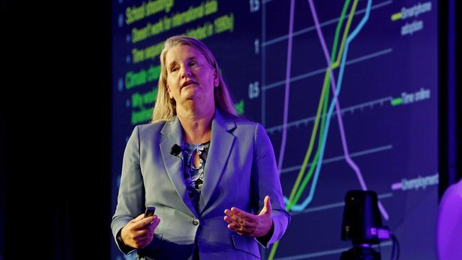 Psychology professor Dr Jean Twenge delivers her keynote address to the social media summit in Sydney. Picture: John Appleyard/NewsWire