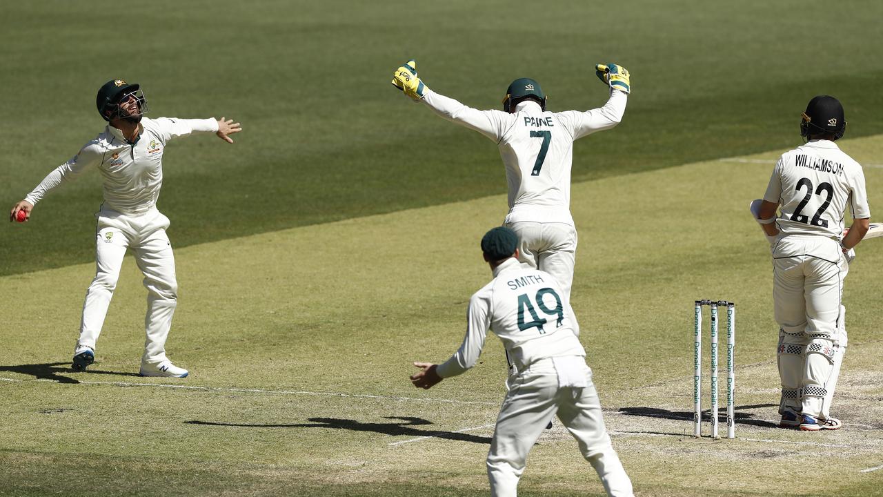 Matthew Wade catches Kane Williamson at short leg off Nathan Lyon.