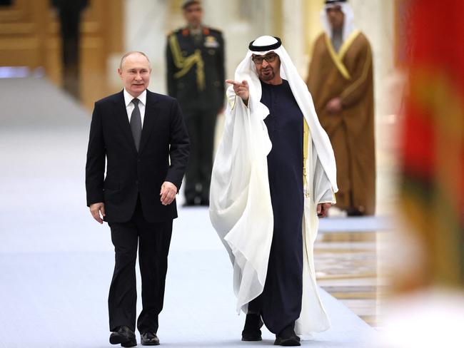 Russia's President Vladimir Putin and President of the United Arab Emirates Sheikh Mohamed bin Zayed Al Nahyan in Abu Dhabi. Picture: AFP