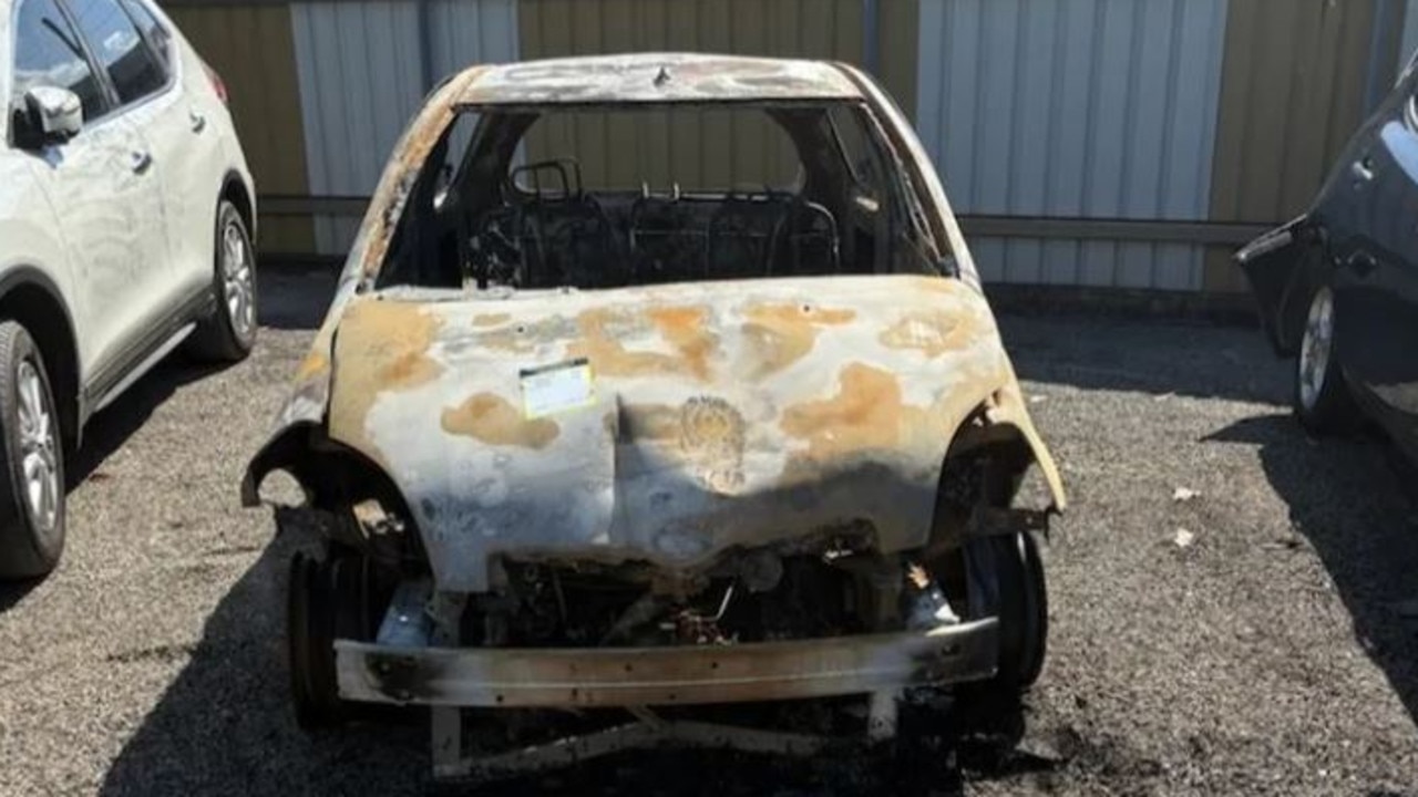 The burnt remains of their 2001 Toyota Echo that was stolen a home in Hermit Park on Sunday, October 6. Picture: Supplied