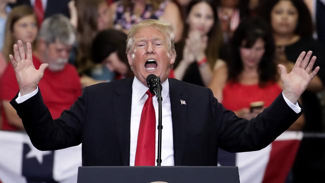 Donald Trump, addressing a rally in Nashville yesterday, has nothing to say about the axing of a show he once spruiked. Picture: Getty Images