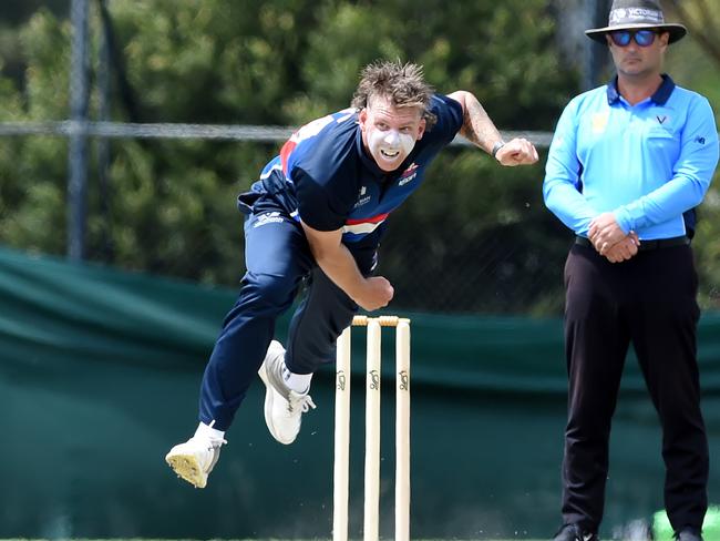 Bowler Jake Reed belts down a fast delivery. Picture: Steve Tanner