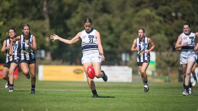 Northern Knights Ellie McKenzie gets a kick away during his team's TAC Cup Girls clash against Oakleigh Chargers. Picture: Russ Canham.