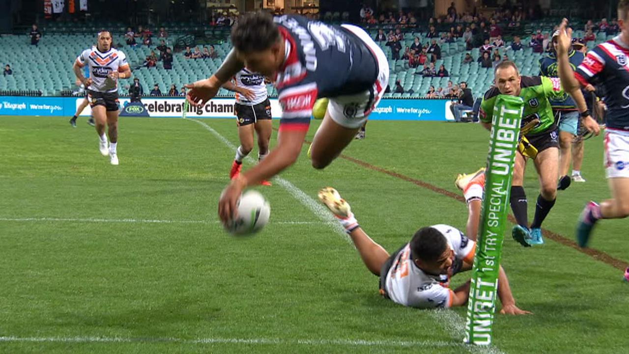 Latrell Mitchell scores a spectacular long range four pointer to bring up his 50th try in first grade.