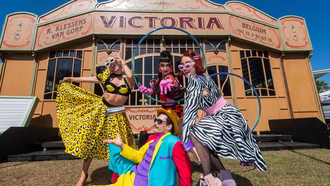 Emma Phillips, Melanie Hawkins, Demi Jenkins and Dylan Ingwersen as the Darwin Festival is set to takeoff with a raunchy, interactive experience outside Parliament House. Picture: Pema Tamang Pakhrin