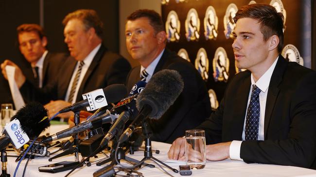 Collingwood duo Lachie Keeffe (left) and Josh Thomas (right) front the media with CEO Gary Pert and football manager Neil Balme. Picture: Michael Klein