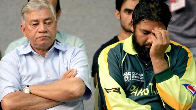 Pakistani captain Inzamam-ul-Haq and team manager Talat Ali attend a memorial service for Woolmer in Kingston, Jamaica.