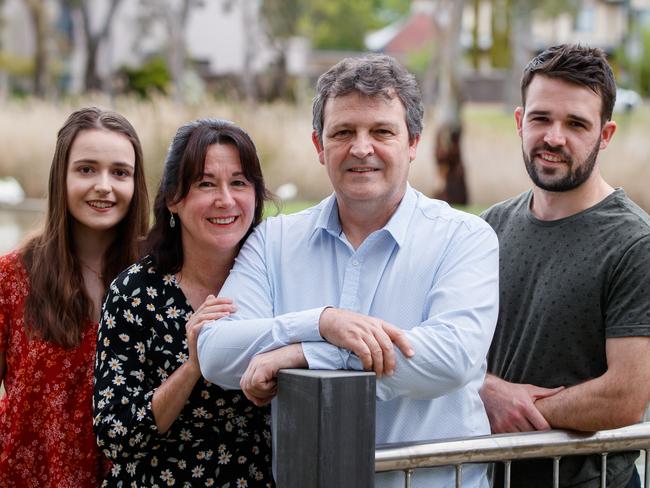 SA Weekend Andrew Gambell with his wife Anita, son James 25 and daughter Elyse 23 on September 16, 2020 in Oakden. Andrew underwent immunotherapy which melted away cancers that he fought for years.  Picture MattTurner.