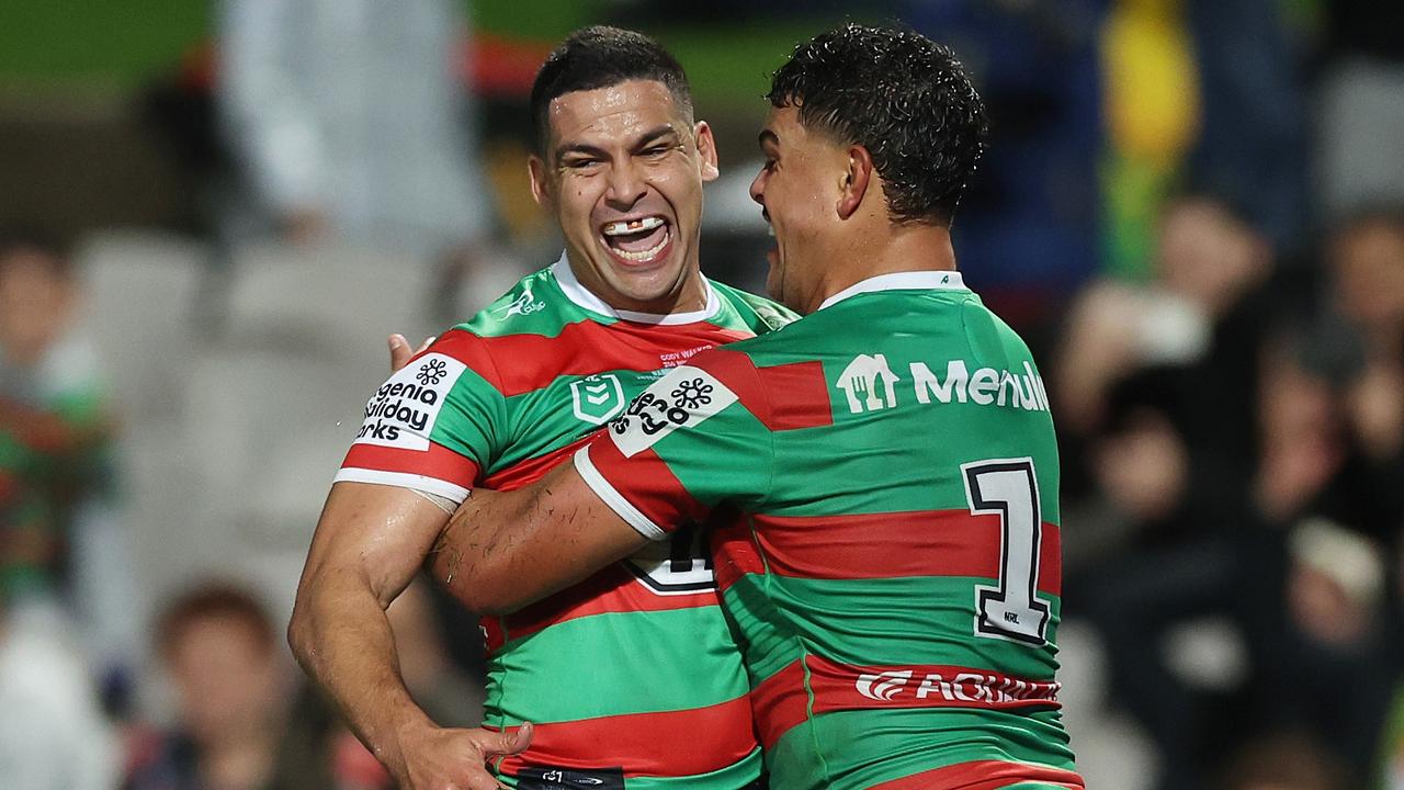 Cody Walker and Latrell Mitchell of the Rabbitohs. Photo by Mark Metcalfe/Getty Images.