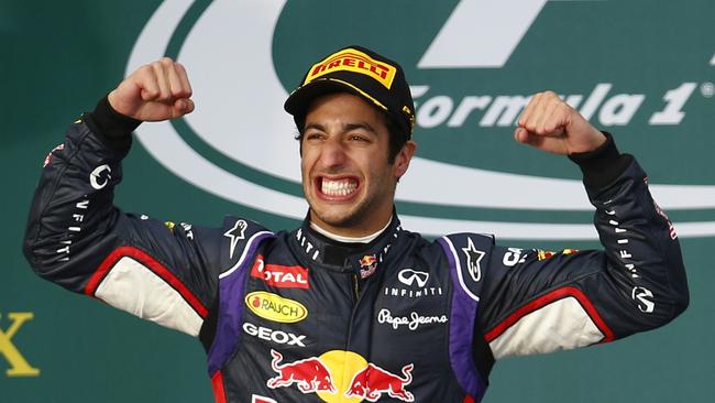 Daniel Ricciardo’s joy at finishing second at the 2014 Australian Grand Prix ended in tears when he was later disqualified. Picture: Michael Klein