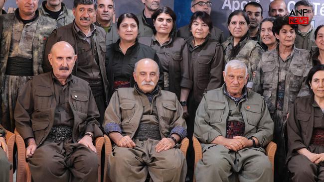 Kurdistan Workers Party officials announce the party's dissolution during their 12th Party Congress at an undisclosed location in northern Iraq on Monday. Picture: AFP / ANF News