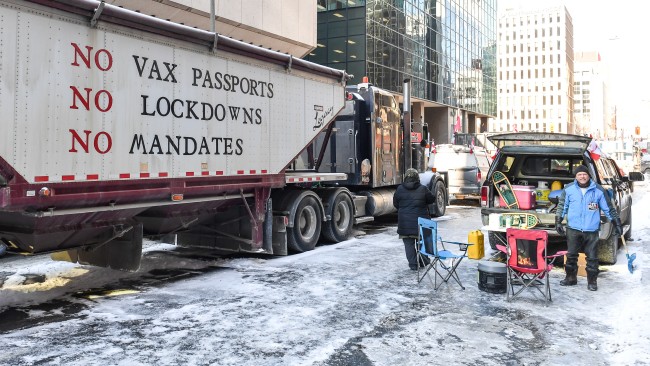 A truck with a message condemning the mandates imposed by Prime Minister Justin Trudeau during the Freedom Convoy truck protest on February 5, 2022 in Ottawa, Canada.  Picture: Minas Panagiotakis/Getty Images
