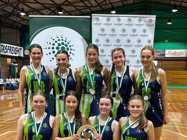 Students from St Aloysius Catholic College celebrate winning the 2023 Tasmanian High Schools Netball Championships. They will now compete at the Waverly International Schools Netball Championships. Picture: Supplied.