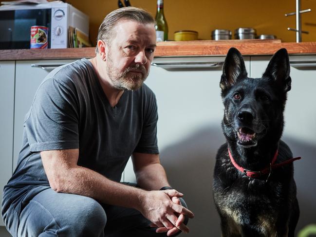 Ricky Gervais with his dog in the Netflix show After Life. Picture: Netflix