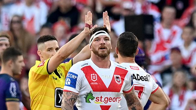 BRISBANE, AUSTRALIA - MAY 16: Josh McGuire of the Dragons is sent to the sin bin during the round 10 NRL match between the Melbourne Storm and the St George Illawarra Dragons at Suncorp Stadium, on May 16, 2021, in Brisbane, Australia. (Photo by Bradley Kanaris/Getty Images)