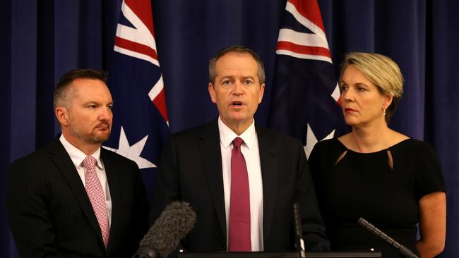 Labor leader Bill Shorten strode up to a platform with deputy Tanya Plibersek and shadow treasurer Chris Bowen to tell voters the values and policies he would fight for at this election. Picture: Kym Smith