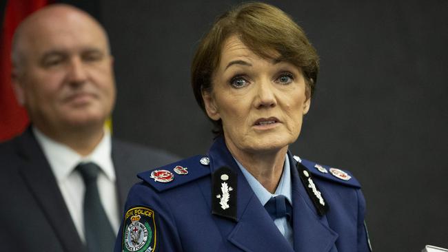 Police Minister David Elliott looks on as Karen Webb is revealed as the state’s new police commissioner. Picture: NCA NewsWire / Christian Gilles