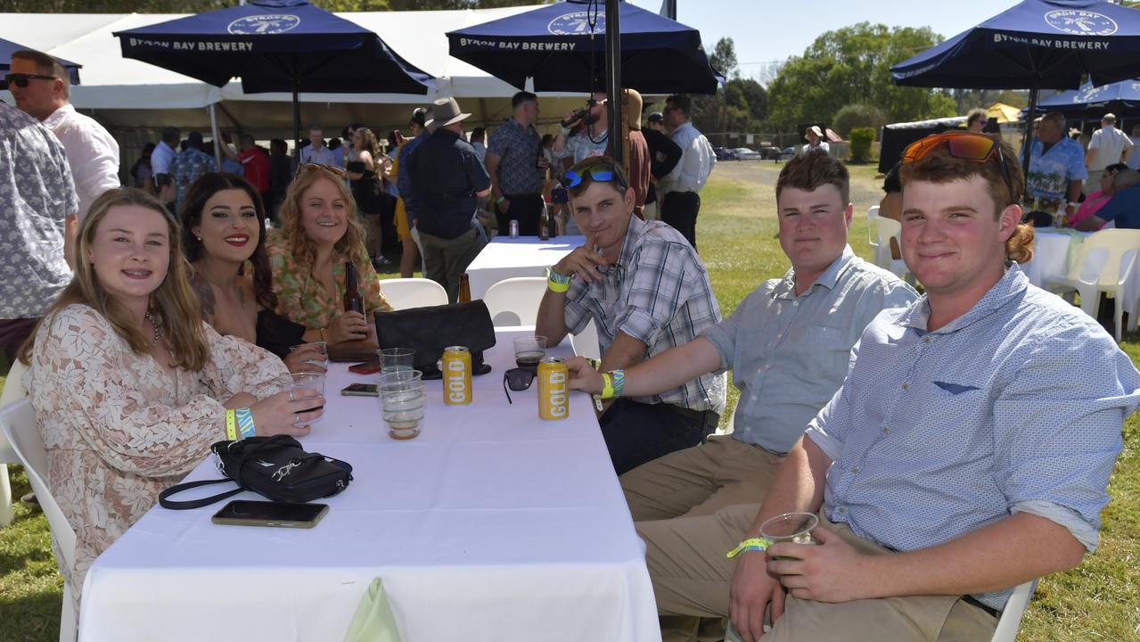 Josh and Sam Weir, Tyler Anderson, Megan and Laura Durheim, and Bridgette Hoffman loving a day out at the Lismore Cup on Thursday.